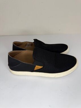 Olukai Womens Pehuea Mesh Slip On Sneakers Shoes Black Boat Loafers Size 37 US 7